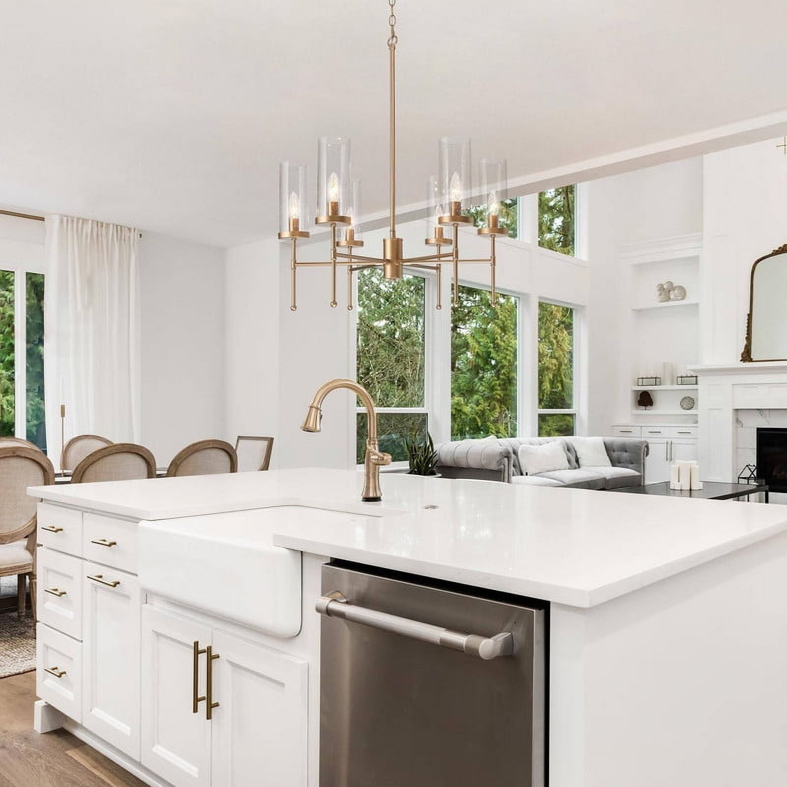 LNC 6-Light Matte Gold Cylinder Chandelier with Seeded Glass for Kitchen Island