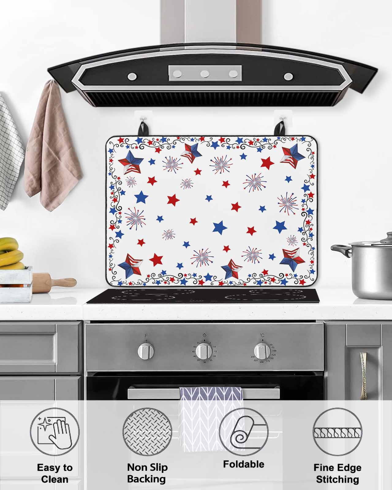Large Induction Cooktop Protector Mat Independence Day Stove Top Covers for Electric Stove, 4th of July Blue Red Star Fireworks Decorative Stove Burner Cover Mats, Glass Top Stove Cover