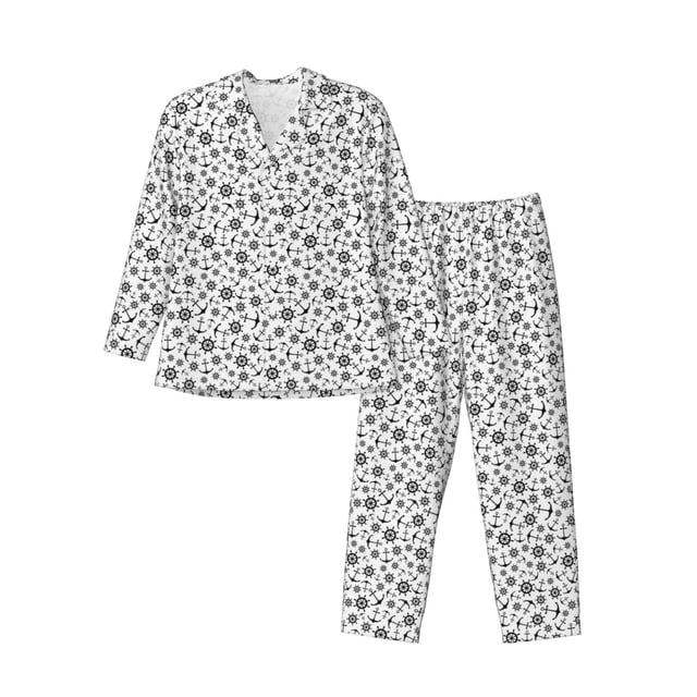 Fotbe Nautical Themed Simple Anchors Pijama de Hombre con Estampado de Manga Larga, Conjunto de 2 Piezas, Ropa de Dormir Suave y Cómoda con Bolsillos-Small