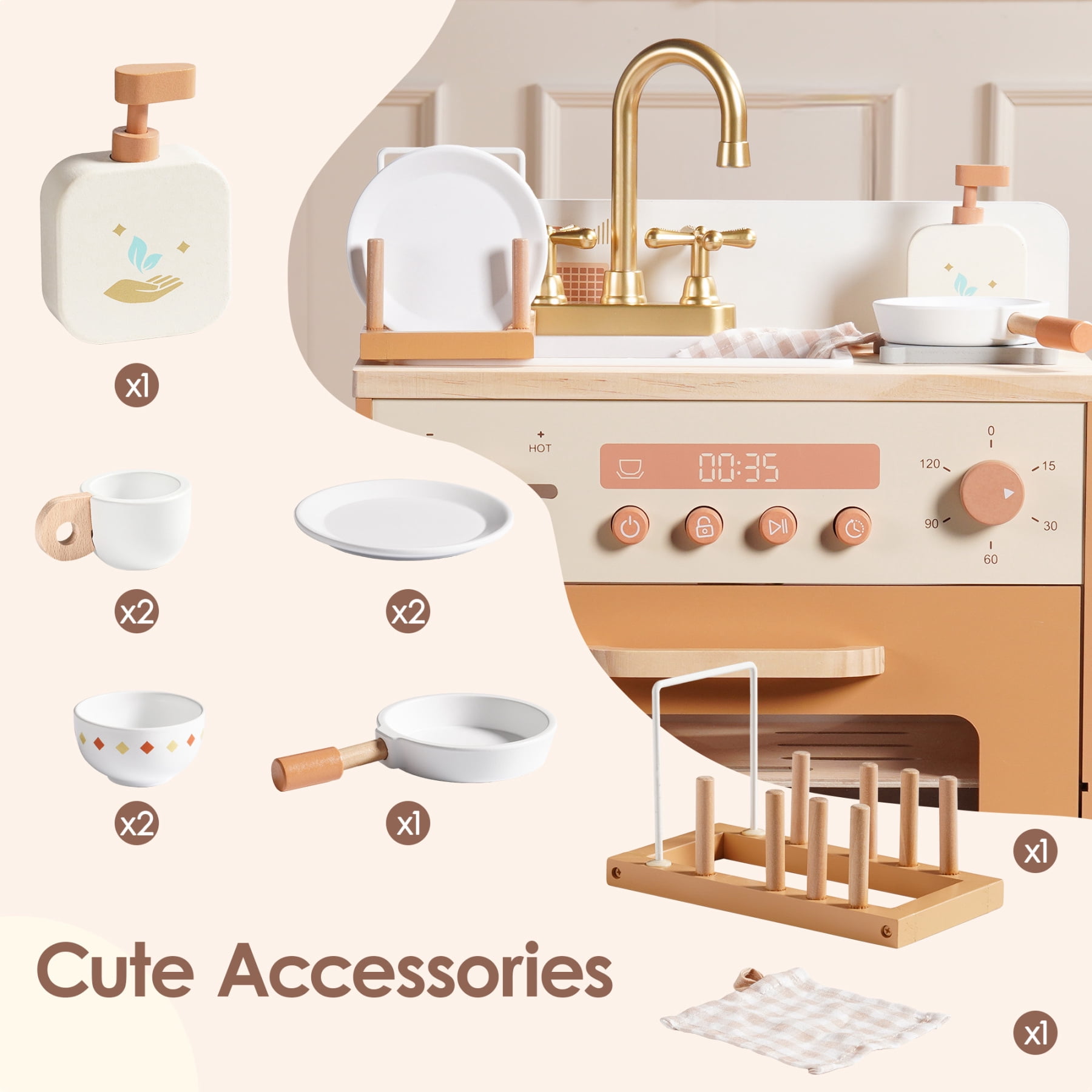 Robud Wooden Dishwasher Playset for Kids - Pretend Kitchen Sink with Faucet, Turning Knobs, Dish Rack & Tableware for Toddler Role Play Toy Ages 3+, Caramel