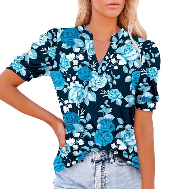 Camiseta informal para mujer, blusa estampada con cuello en V y manga corta abullonada, Tops Fridja ghk6587
