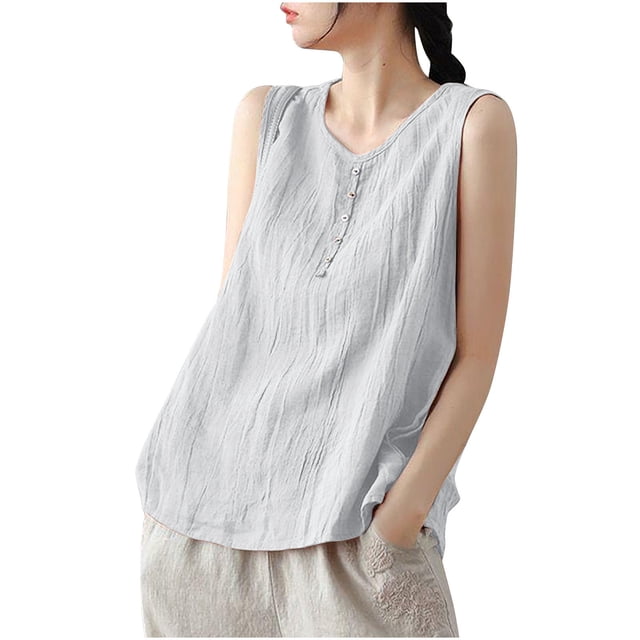 Plebaso Débardeurs en Coton et Lin pour Femmes Col Rond Sans Manches Chemises Décontractées Légères Blouses pour Femmes