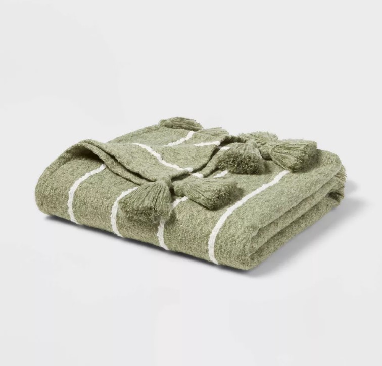 Tasseled Boucle Bed Throw Green Stripe Threshold™
