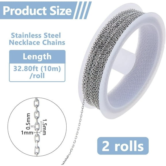 65.62 Feet/20M Stainless Steel Cable Chains 1.5x1x0.5mm Necklace Chain Soldered Link Chains Bulk Metal Bracelet Chain for Women Men DIY Crafts Jewelry Making