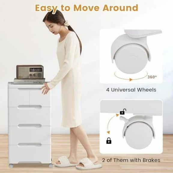 LOKO 5-Drawer Plastic Rolling Storage Cart, Mobile Storage Cabinet with 4 Universal Wheels, Vertical Storage Tower Container Unit for Living Room, Bedroom, Home Office, White