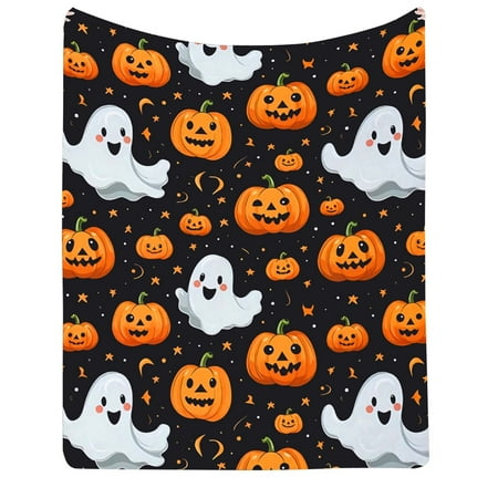 

Halloween Pumpkin GhostSkull Bat BlackCat Printed Flannel Cover Blanket（150*130 Cm/59*51 In）