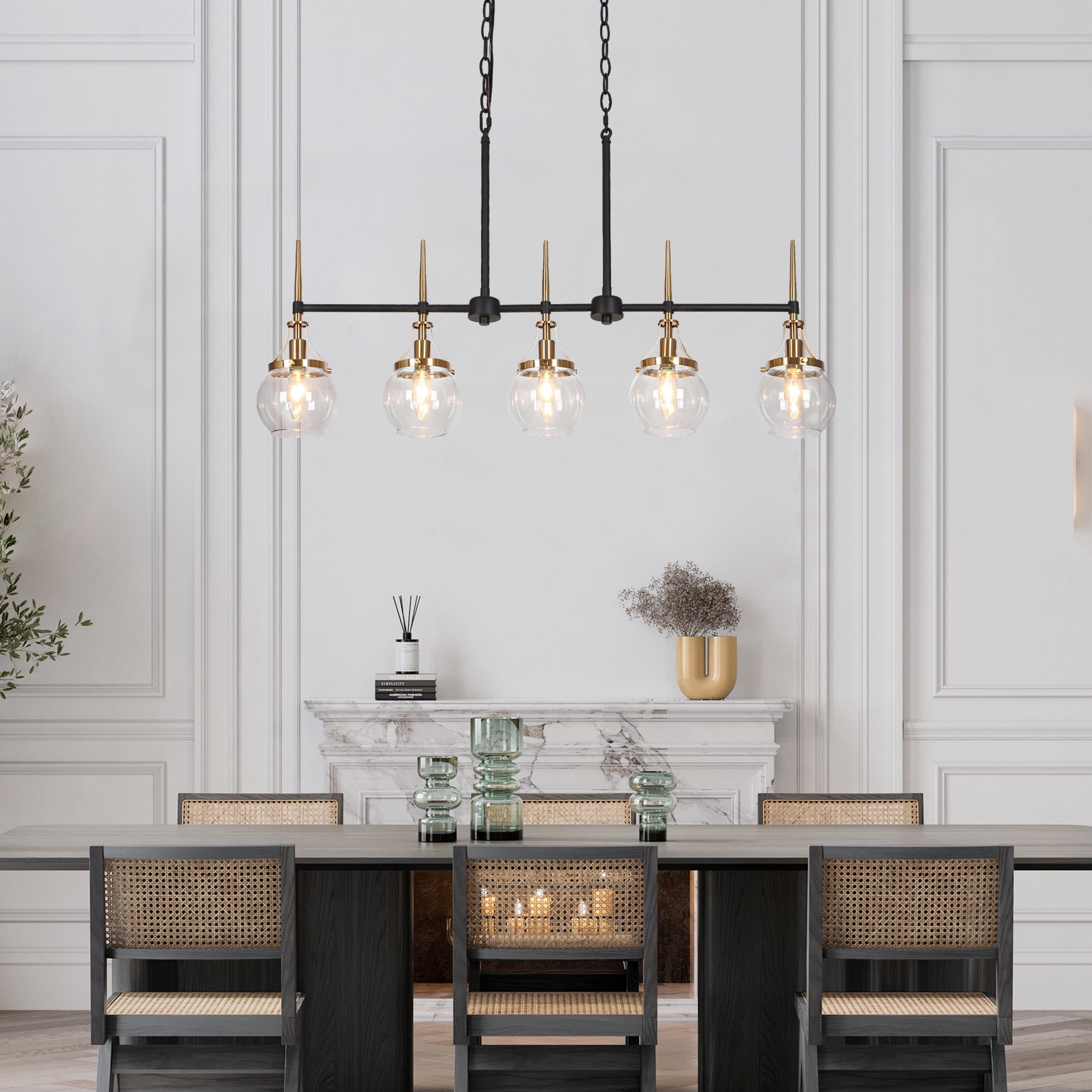 LNC Modern 5-Light Linear Chandelier with Clear Globe Glass Shades, Black and Brass Finish