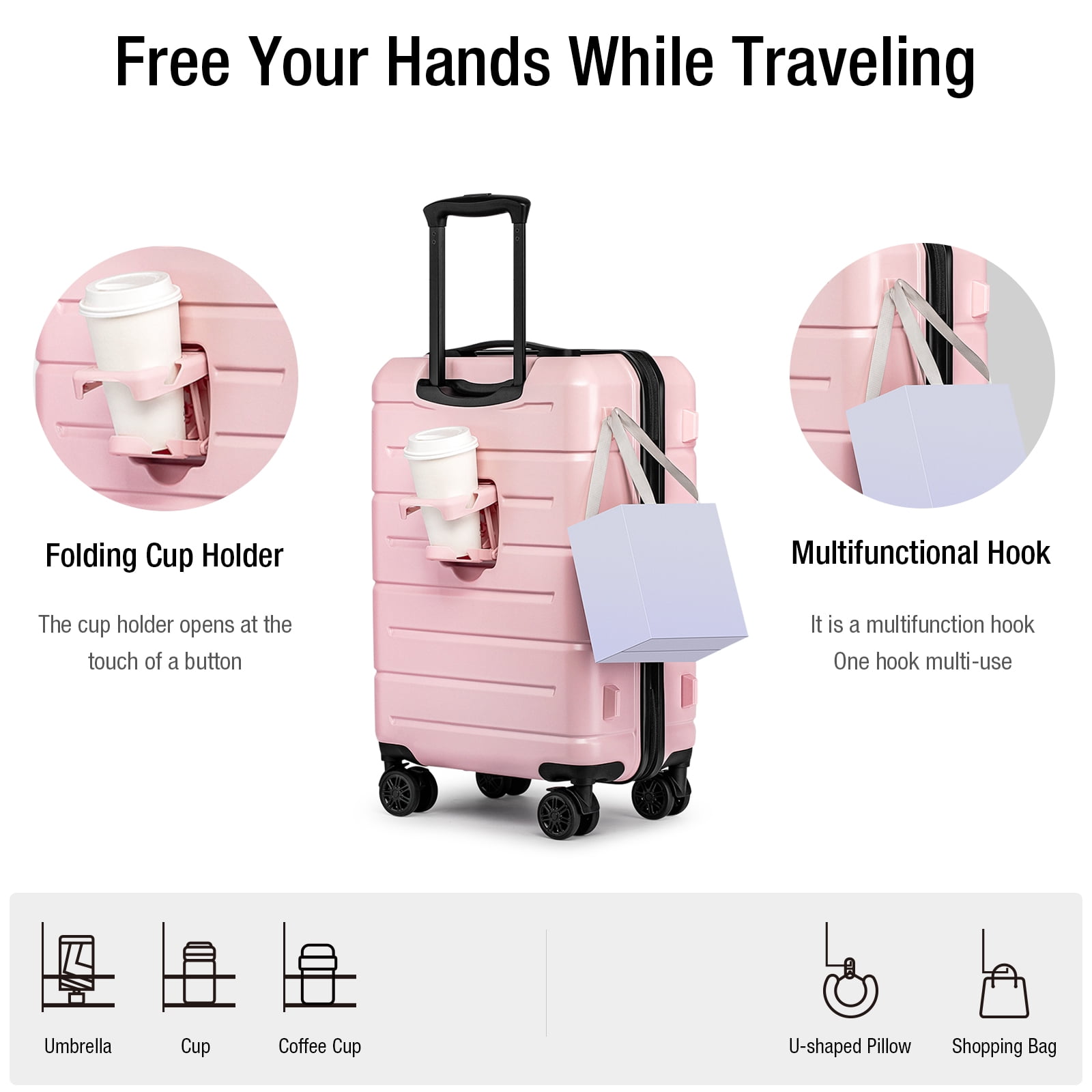 3 Piece Hardside Carry On Luggage Sets TSA Lock Spinner Wheels 22"26"30" Suitcase with Cup Holder
