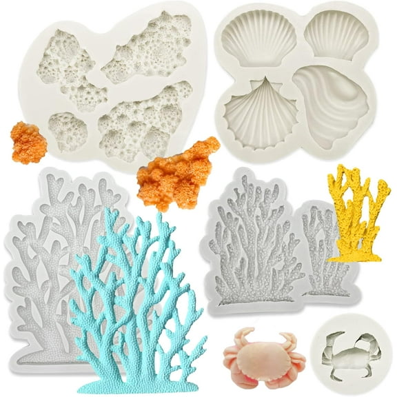 5 PCS Marine Theme Fondant Silicone Mold Seaweed Sea Fish Coral Sea Turtle Shape DIY Handmade Baking Tools, For Theme Cake Cookie Chocolate Candy Decoration Fondant Polymer Clay
