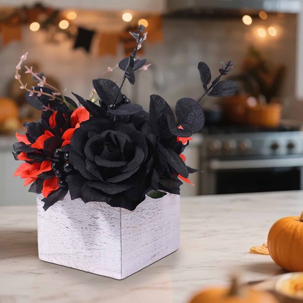 Caja de flores artificiales góticas de Halloween | Decoración de escritorio espeluznante | Pieza central de El Día de los Muertos | Arreglo floral negro | Caja de Madera | Exhibición festiva