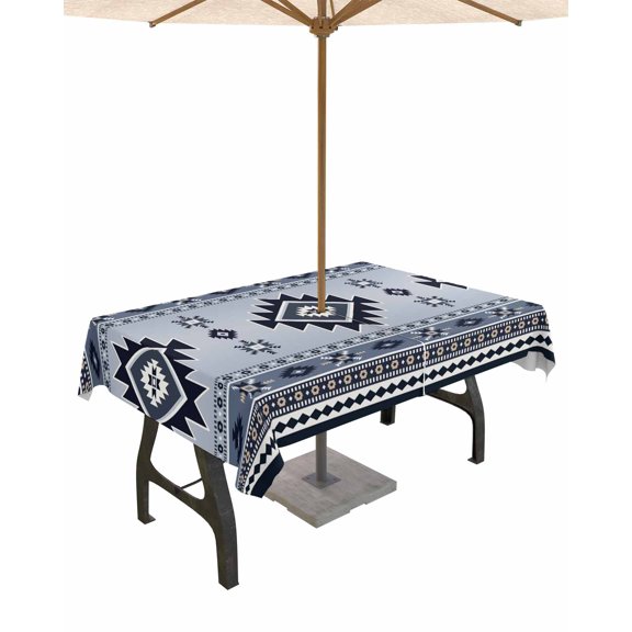 Outdoor Tablecloth with Umbrella Hole for Patio/Picnic/Party/Camping, Blue Aztec Waterproof Table Cloth Rectangle Table Cover Washable, Boho Southwest Farmhouse Ethnic Motifs 60"x 102"