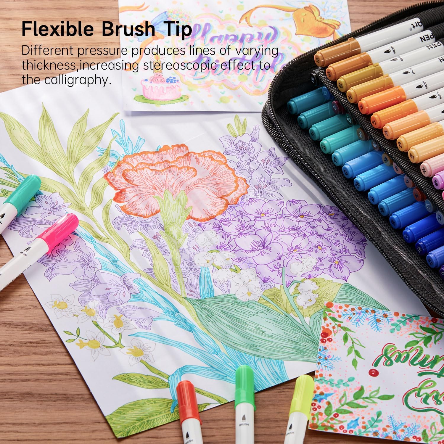 Shuttle Art Dual Tip Brush Pens, 105 Colors with Case photo 2