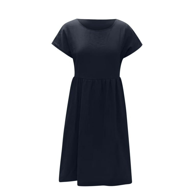 Usmixi Formal Dresses for Women Casual High Waist Pleated Swing Cotton Linen  Tunic Dresses with Pocket Round Neck Short Sleeve Solid Summer Midi Dress  Dark Blue s - Walmart.com