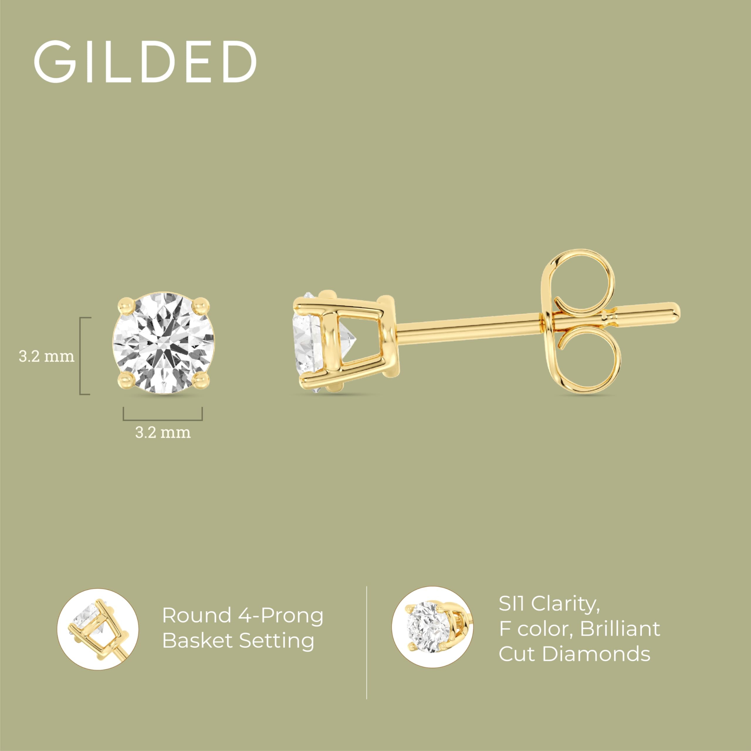 Gilded 1/4 CTW Lab-Grown Diamond 10KT Yellow Gold Stud Earrings for Women, Round Cut, Hypoallergenic Fine Gold Jewelry - SI1 Clarity F Color