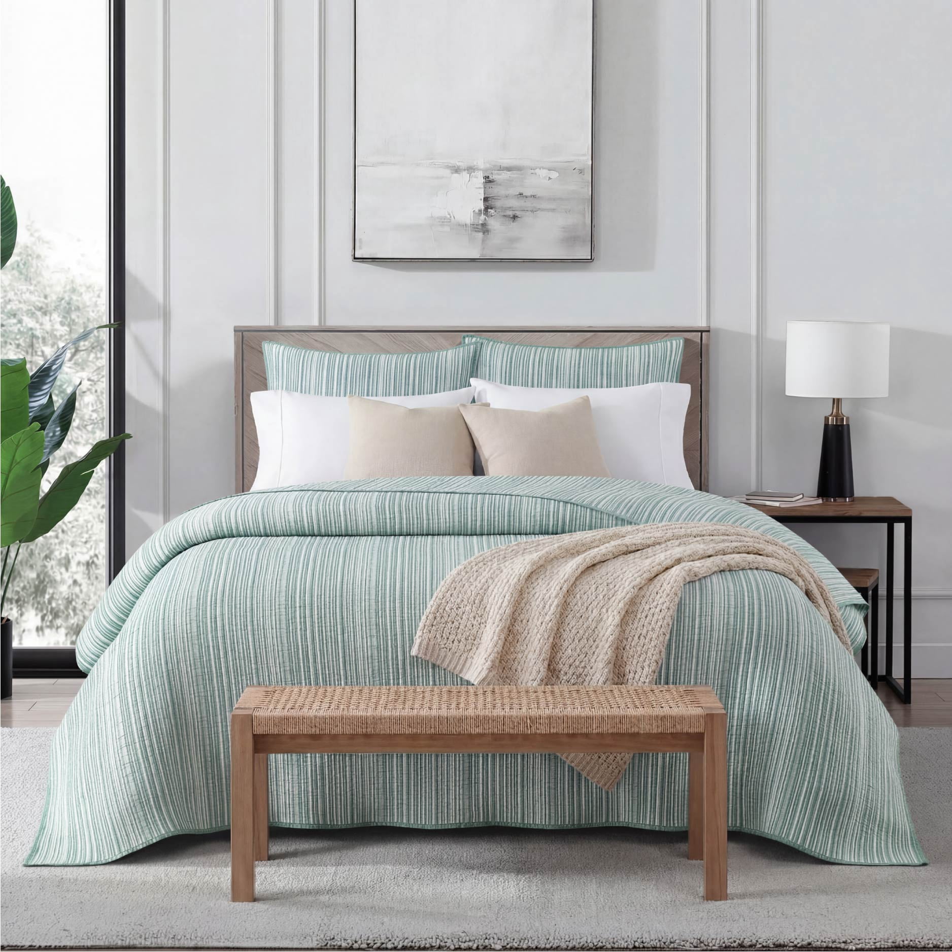 Mainstays Essentials Full/Queen Stripe Quilt, Green Coverlet, Lightweight & Reversible Bedding