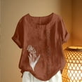 thumbnail image 5 of Stamzod Short Sleeve Tops for Women Trendy Flower Printed Imitation Cotton Linen Shirts Casual Summer Blouses for Women Oversized Vacation Outfits Coffee-2 L, 5 of 5