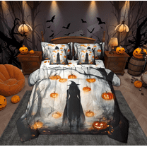 Manfei Magic Halloween Witch Twin Bedding Sets 7-Piece for Kids, Neon Orange Pumpkin Bedding Comforter Set, Spooky Jungle Reversible Sheet Sets, Lightweight Room Decor