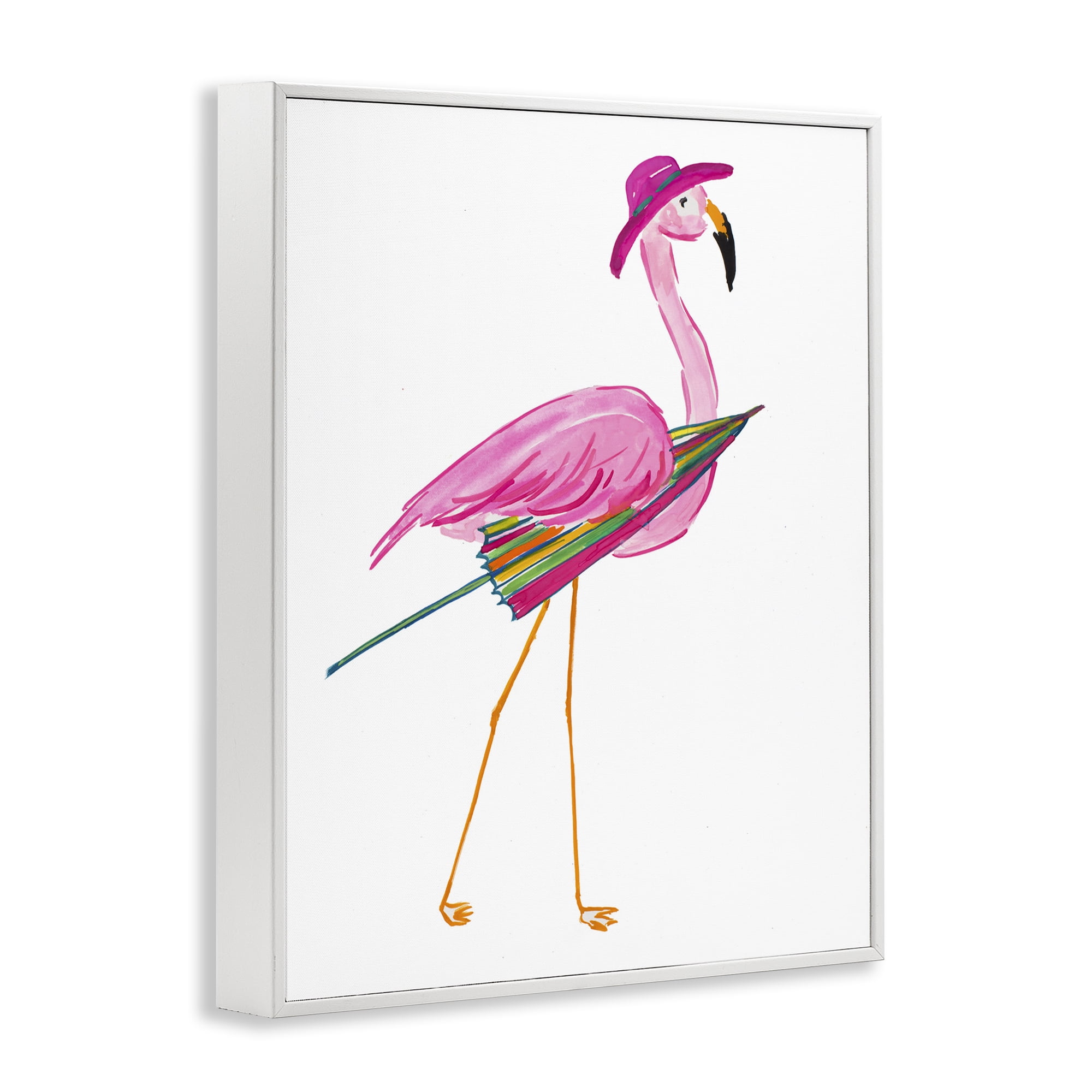 Stupell Industries Flamingo with Beach Umbrella Animals & Insects Painting White Framed Art Print Wall Art, 16 x 20