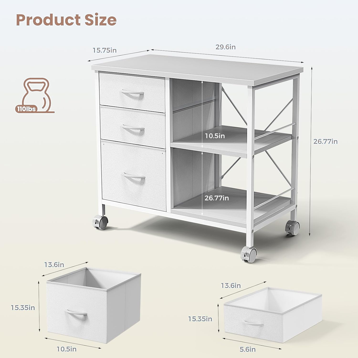 3-Tier Mobile File Cabinet, Rolling Printer Stand with Storage and Back Support Bar, 3 Drawer Lateral File Cabinet Holds 110lbs, for Home Office in Rustic White