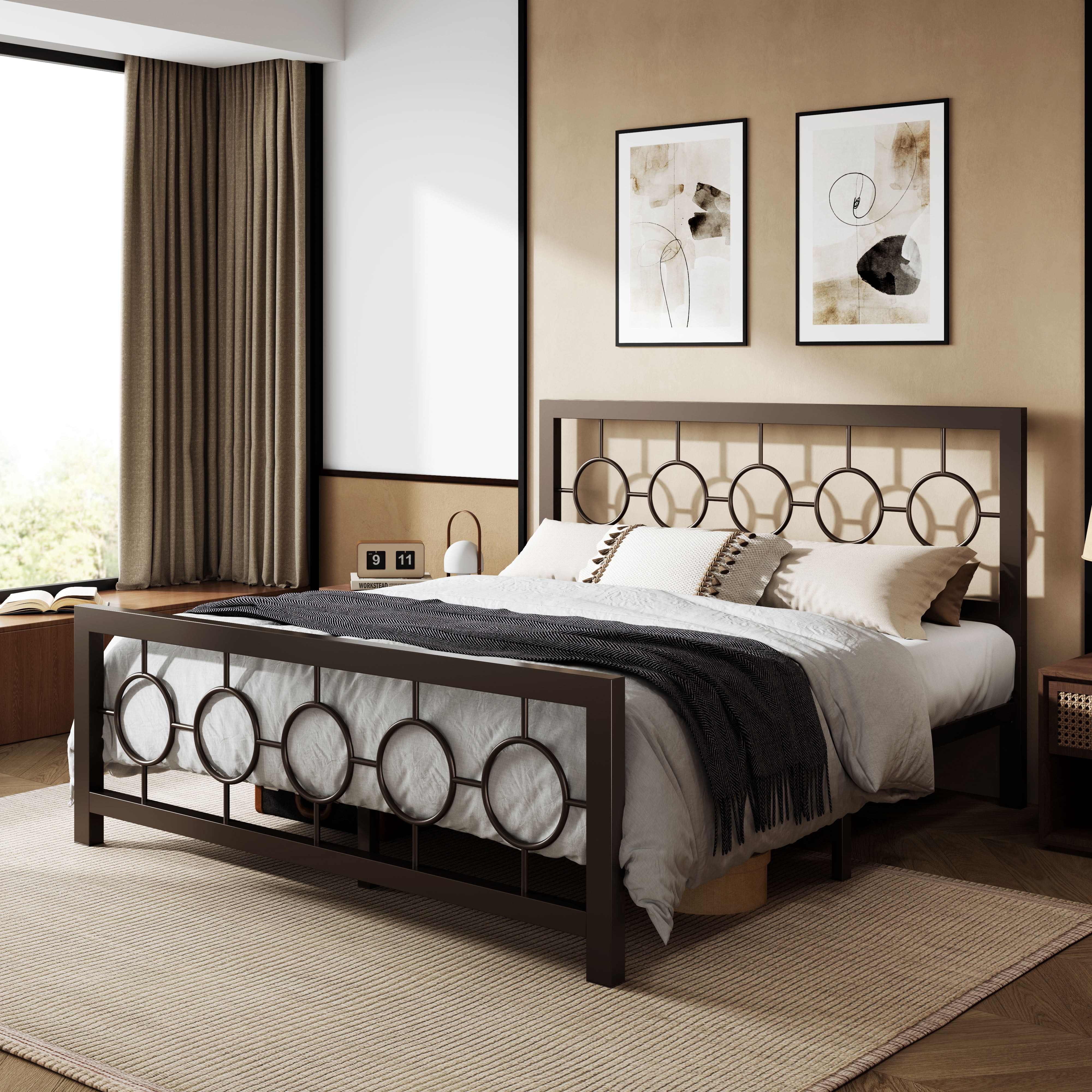 Sifurni Queen Size Metal Platform Bed Frame with Modern & Vintage Headboard and Footboard, Brown