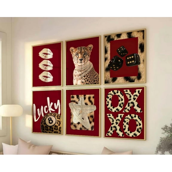 Luvia Red Set Of 3 Leopard Coquette Cheetah Kiss 8 Ball Lucky Trendy Animal Poster Girly Preppy Home Decor, Modern Wall Decor Set 3 Prints 8x12 UNFRAMED