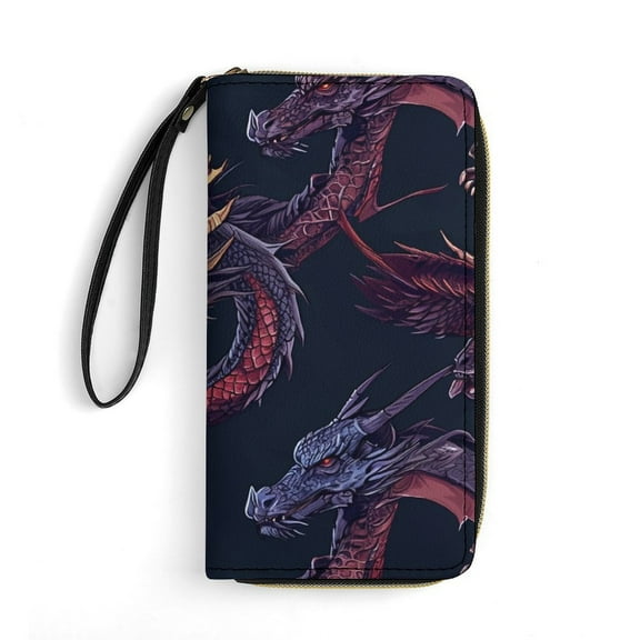 Womens Wallet Bifold Ladies Cluth Bag Wristlet Wrist Strap Long Purse Dark Dragons Pattern Design
