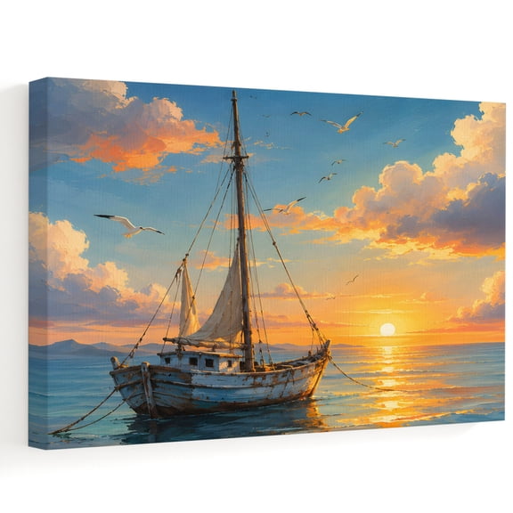 Ocean Sailboat Canvas Wall Art, Summer Coastal Blue Ocean Waves Gold Sunset Clouds Wall Art Prints Artwork Framed Canvas Ready to Hang Art Pictures for Living Dining Room Bedroom Hallway 30" x 20"