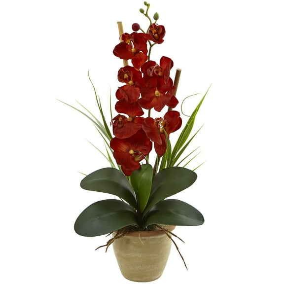 Nearly Natural Phalaenopsis Orchid Harvest Silk Arrangement in Ceramic Arrangement