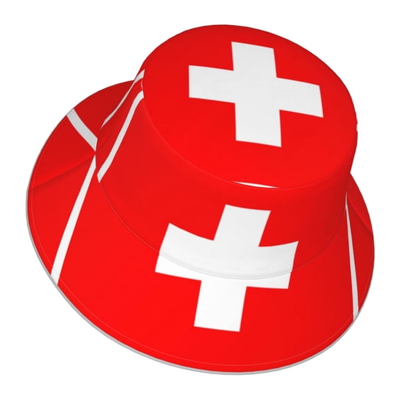 Unisex Swiss Flag Bucket Hat Fisherman Cap Reversible Travel Sunhat With Reflective Stripe