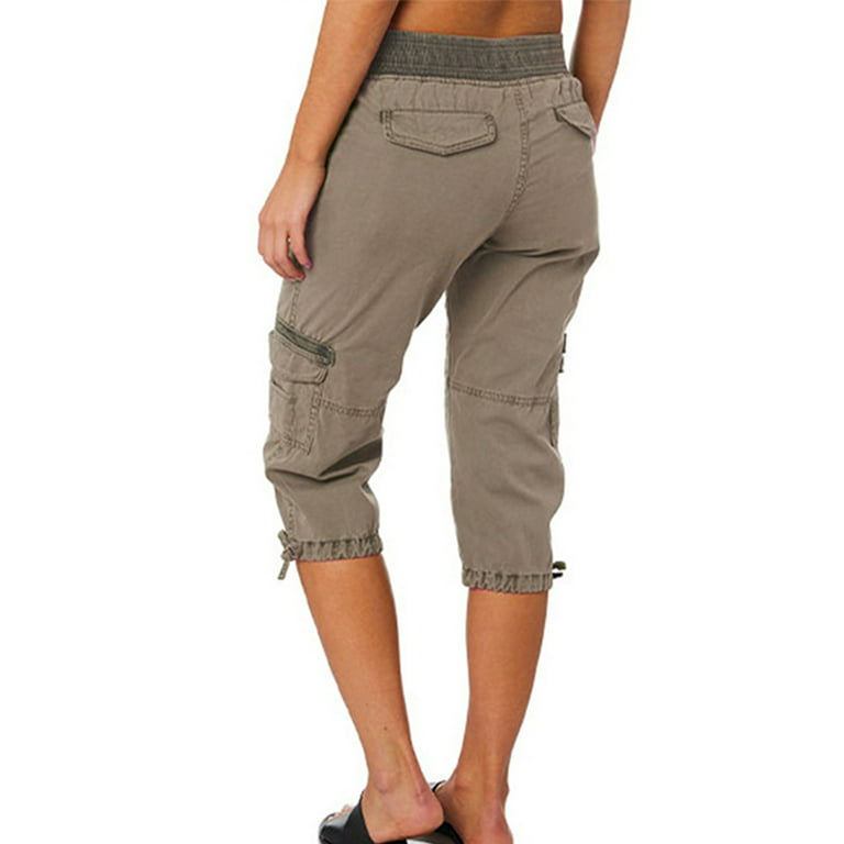 Niuer Women Summer Cargo Pants Hight Waist Beach Loose Linen Capris Pants  Holiday Drawstring Cropped Pants Loungewear Size S-3XL 