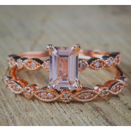1.50 carat Antique milgrain Morganite and Diamond Affordable Bridal Wedding Ring Set in Rose Gold for (Best Affordable Wedding Rings)