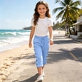 thumbnail image 4 of Twczz Girls Cotton Linen Capris with Pockets- Elastic Waist Casual Quick Dry Straight Leg Kids Beach Pants Light Blue Size 13-14 Years, 4 of 7