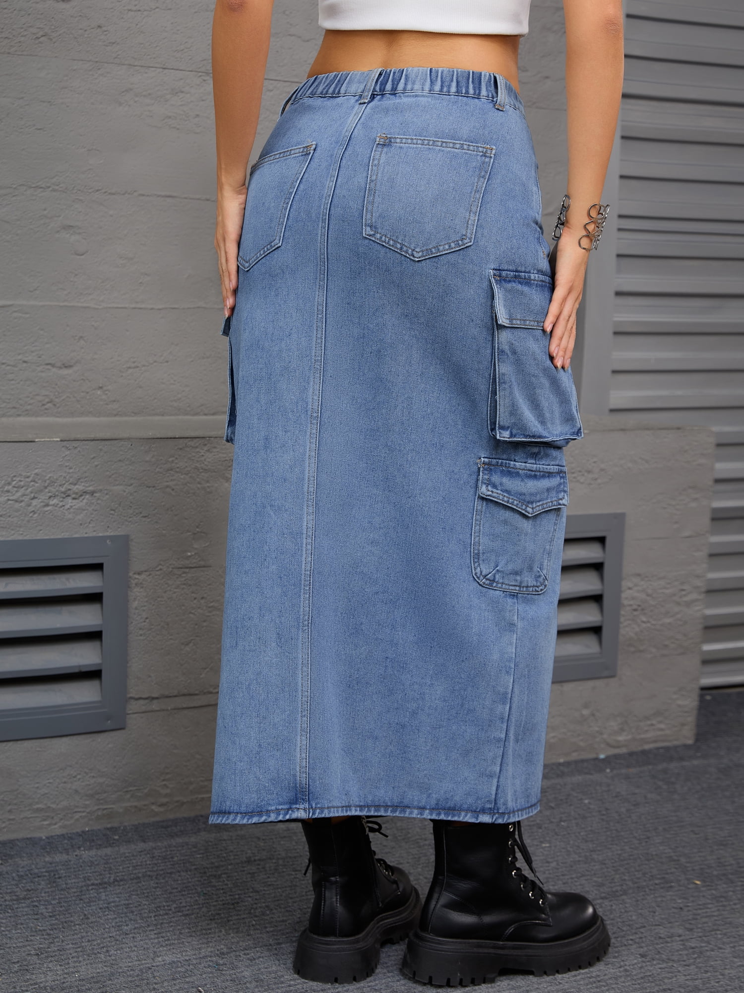 Unique Bargains Women's Front Split Flap Pockets Maxi Denim Skirt M Gray Blue