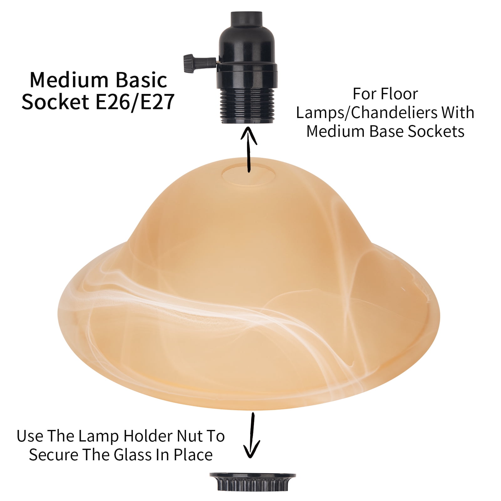 E26 Socket Replacement Torchiere Floor Lamp ,Lamp Shade Replacement with Amber Alabaster Glass Bowl Shade
