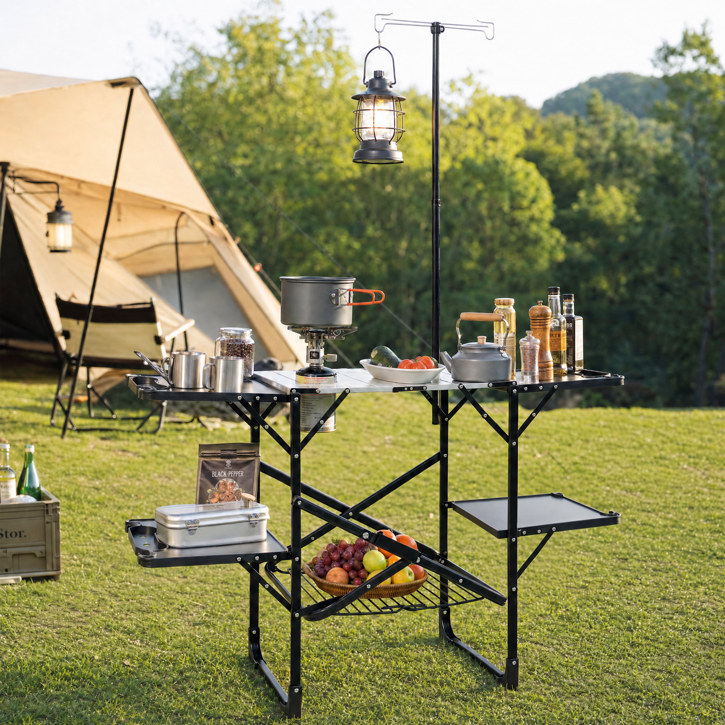 Folding Camping Kitchen Table, Portable Outdoor Cooking Station with Heat Resistant Top, 4 Side Tables, Storage Rack & Lamp Post for Picnics & Camping Trips