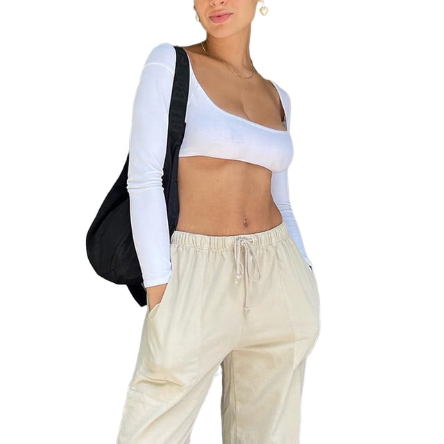 Txlixc Blusa de nueve puntos de color sólido para mujeres, camiseta de verano con cuello cuadrado de manga larga Txlixc moda