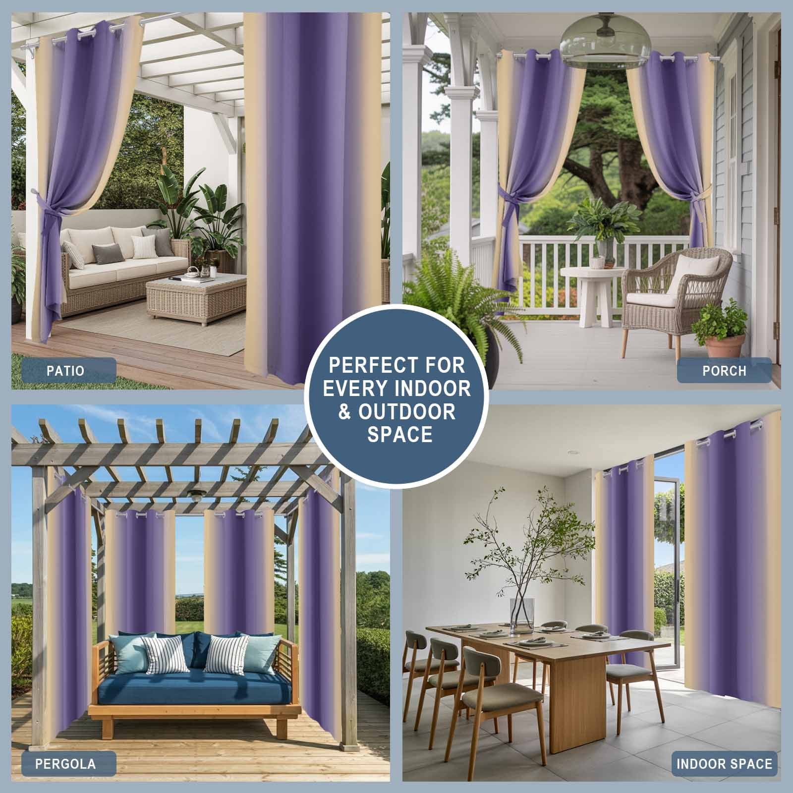 1 Panel Outdoor Curtains for Patio Waterproof 54"x108" Purple Yellow Ombre Weatherproof Privacy Outsides Curtains, Farmhouse Modern Gradient Art Grommet Thermal Drapes for Cabana Porch Pergola