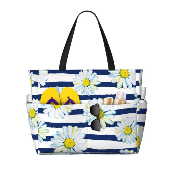 KdxioDaisy Striped Nautical for Beach Bag for Women Large Beach Tote Bag Waterproof Sandproof Swim Bag with Zipper Pockets Beach Vacation Travel