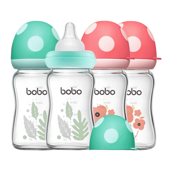 YOHKOH Glass Bottles,for Breast/Mixed Feeding Newborn,Slow Nipple,5.4oz,4pk (Red,Blue)