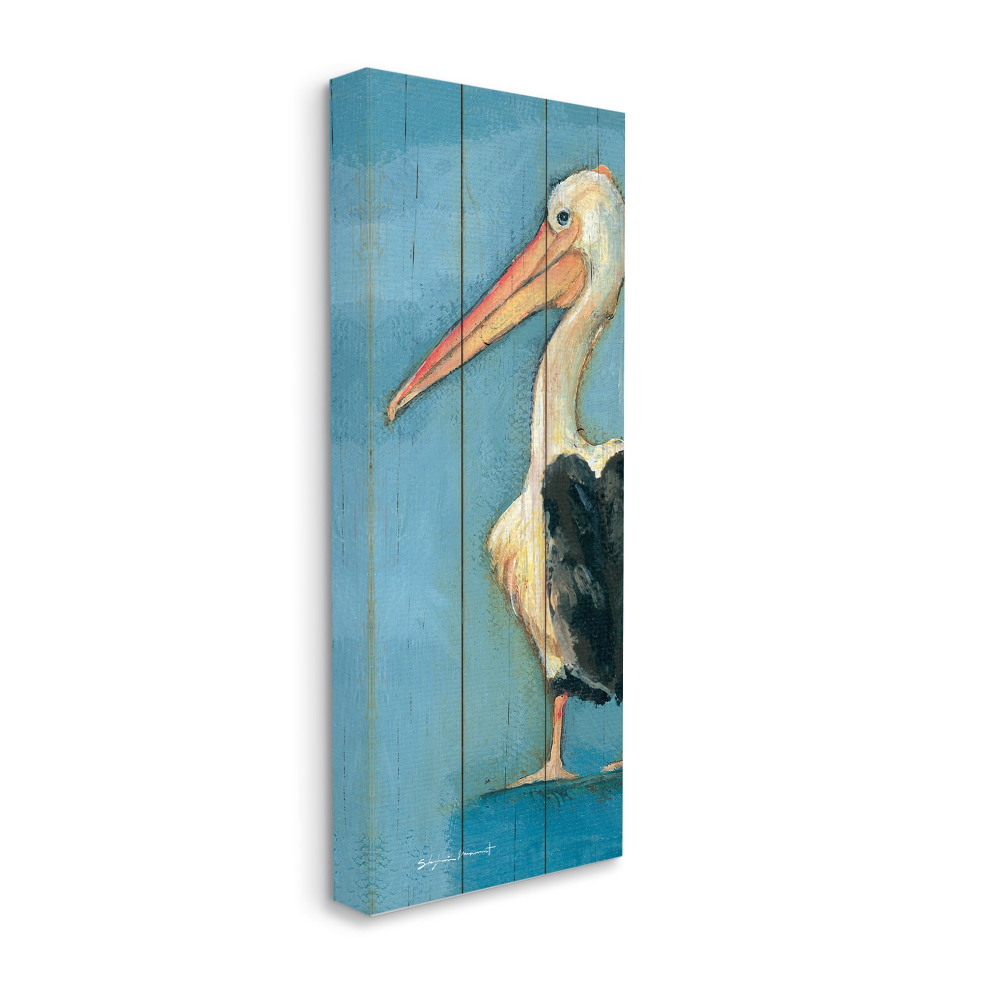 Stupell Industries Pelican Bird Over Blue Planked Pattern Animal Painting, 13 x 30, Design by Stephanie Workman Marrott