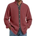 thumbnail image 2 of Men's Casual Long Sleeve Waffle Knit Button Down Solid Color Shirt for Spring Fall Daily Wear,Deep Red,L, 2 of 5