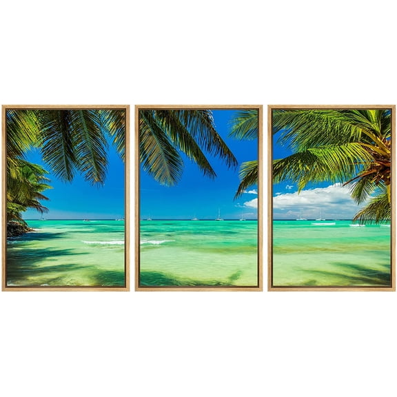 wall26 Framed Canvas Print Wall Art Set Palm Tree Teal Ocean Sea Horizon Beach Nature Wilderness Photography Realism Rustic Landscape Colorful for Living Room, Bedroom, Office - 16"x24"x3 N