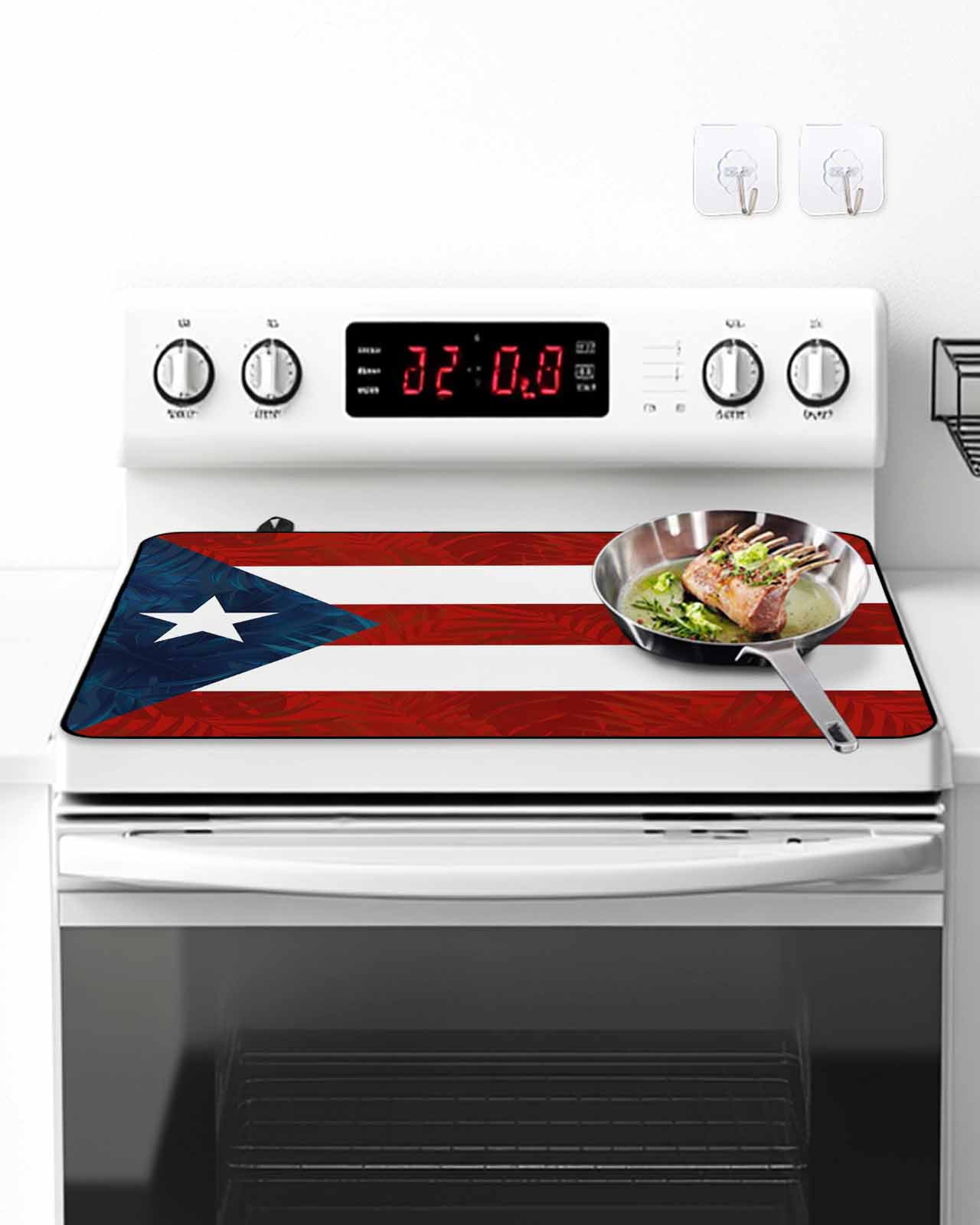 Stove Top Covers for Electric Stove, Puerto Rico Flag Glass Stovetop Cover Protector, Palm Leaf Botanical Red Striped Blue Star Induction Cooktop Protector Oven Mat for Kitchen Countertop 24"x21"