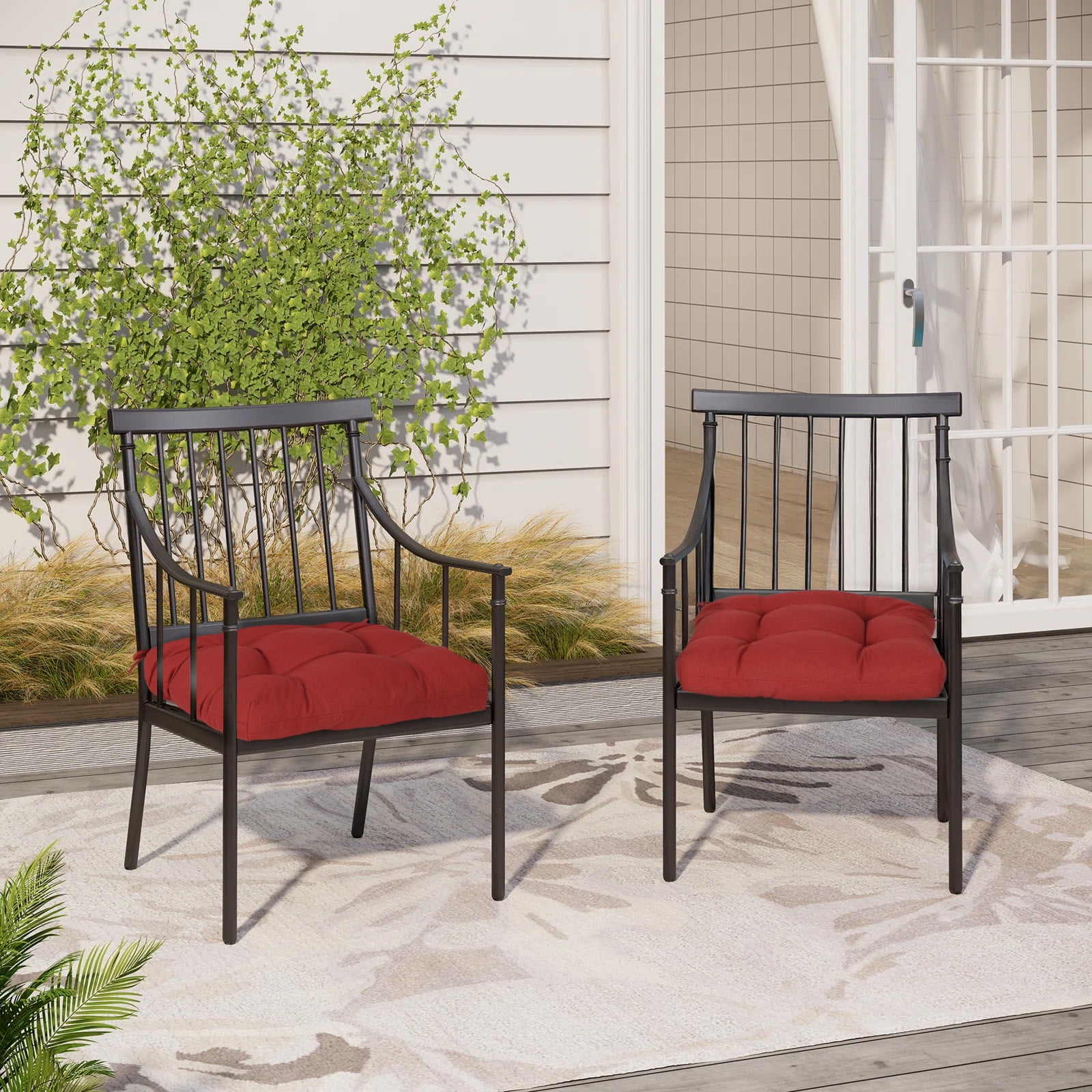 Aoodor 19x19x5 Inch Tufted Outdoor Chair Cushions, Water and Fade Resistant Polyester Dining Chair Pads with Ties for Patio Furniture, Set of 2, Red