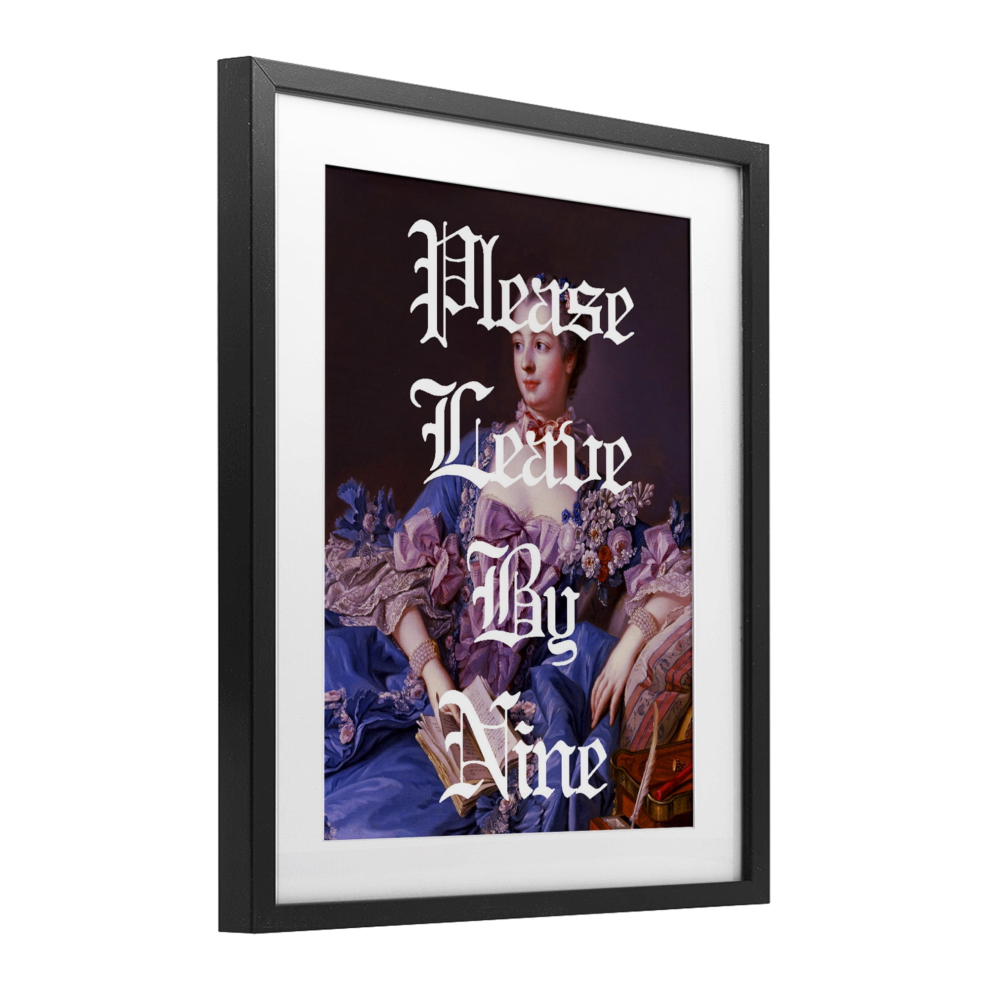 Please Leave By Nine Black Framed Print Under Glass, design by Lil' Rue