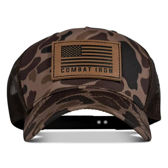 Us Flag Leather Patch Snapback Hat Brown Duck Camo / Brown