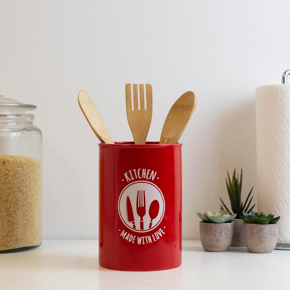 Made with Love Ceramic Utensil Crock, Red