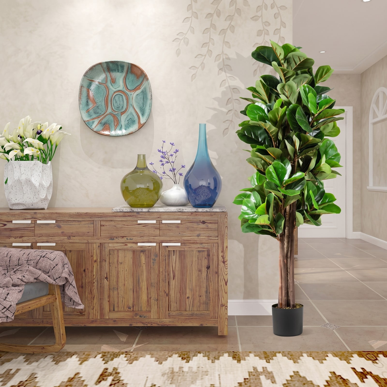 ALPULON 5 FT Artificial Fiddle Leaf Fig Tree, Faux Fig Plant with 180 Leaves and Plastic Planter Pot for Home Office Living Room Indoor Outdoor Decor, Green