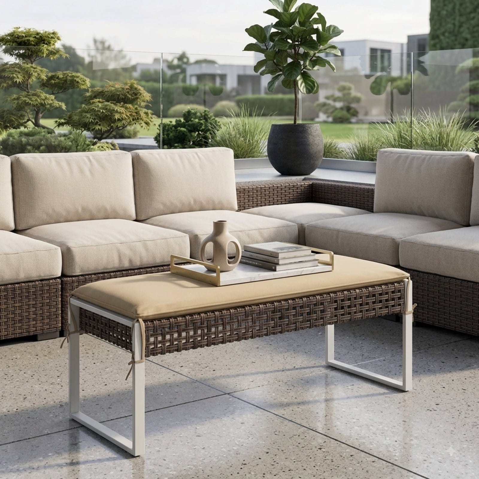 Furnibear 43 Inch Patio Rectangle Ottoman Set of 2, Outdoor PE Rattan Wicker Footrest with Metal Legs & Cushion for Backyard Poolside, 800 LBS, Beige
