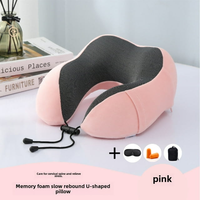 Travel-Ready Ergonomic Memory Foam U-Shaped Neck Pillow with Removable Washable Cover - Lightweight Cervical Support for Airplanes, Cars & Naps, Includes Eye Mask, Earplugs & Storage Bag, Pink,